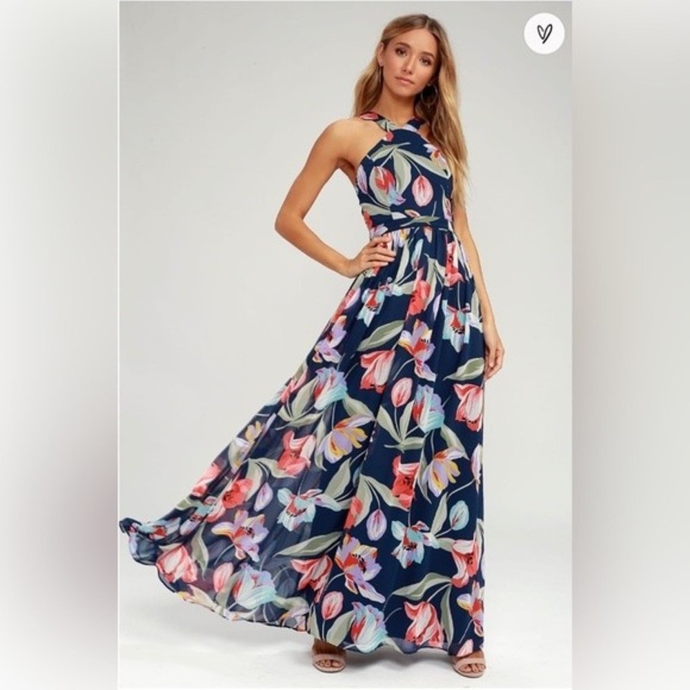Lulu's Lilja Navy Blue Floral Print Maxi Dress XS